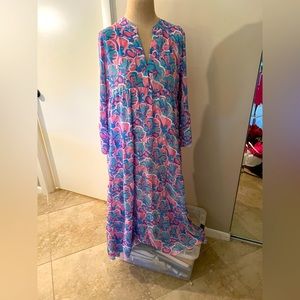 Tropical midi dress with bell sleeves